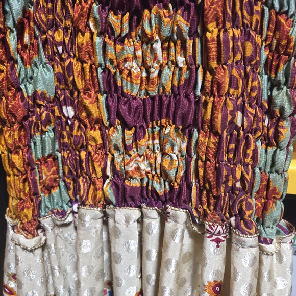 Silk Smocked Patchwork Colorful Tiered Maxi Dress Kathmandu Imports Boho XS/S - Picture 4 of 8
